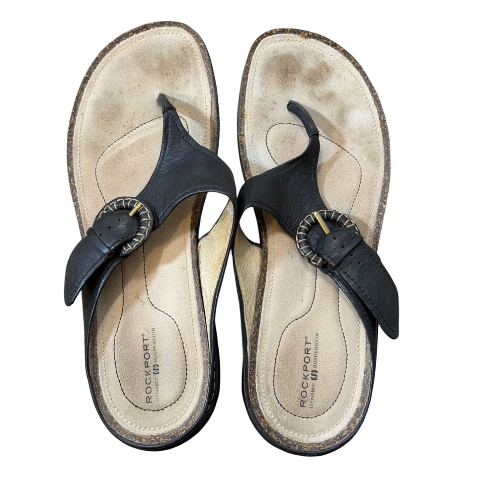 Rockport Dynamic Suspension Black Leather Buckle Thong Sandals Womens 9